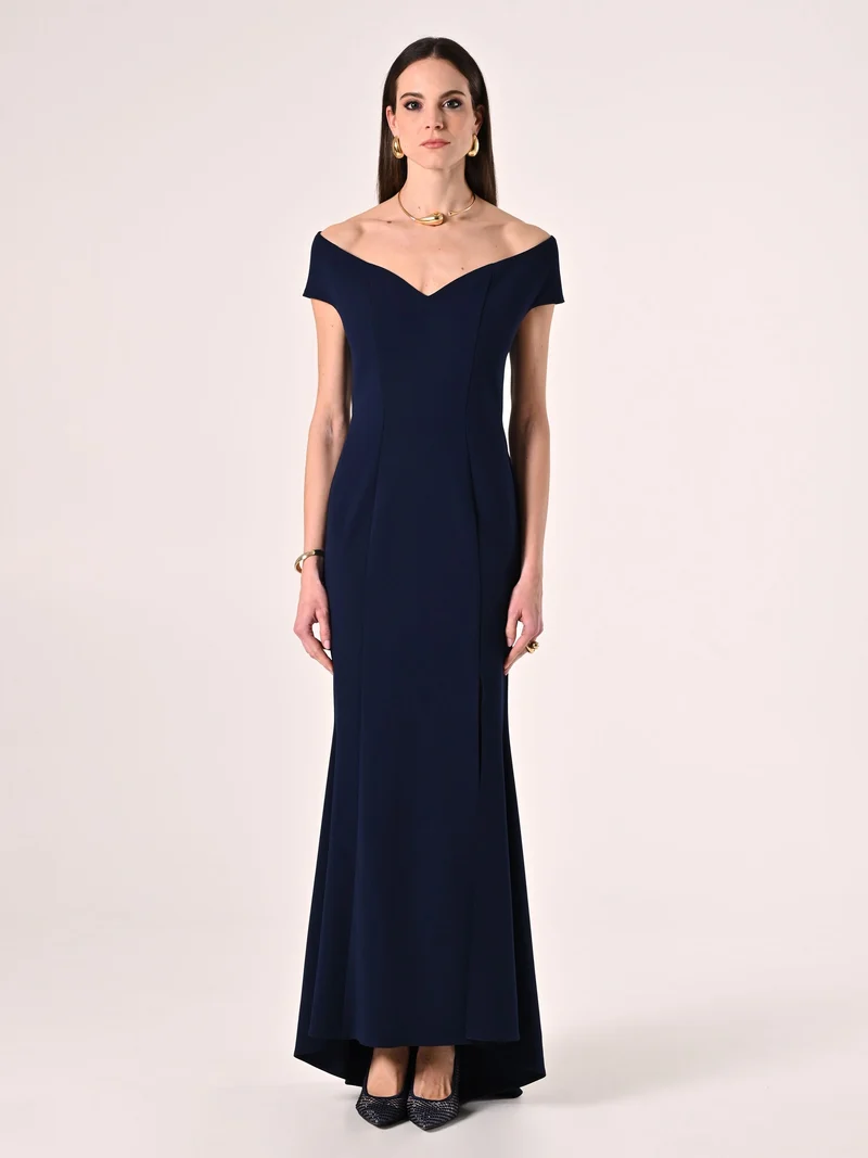 Abito Lungo Blu Navy off-the-Shoulders