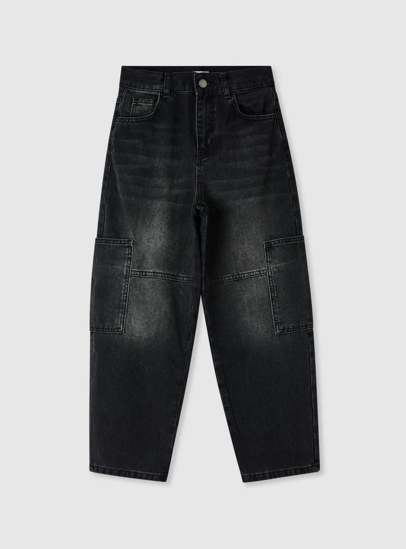 Jeans cargo barrel a tinta unita