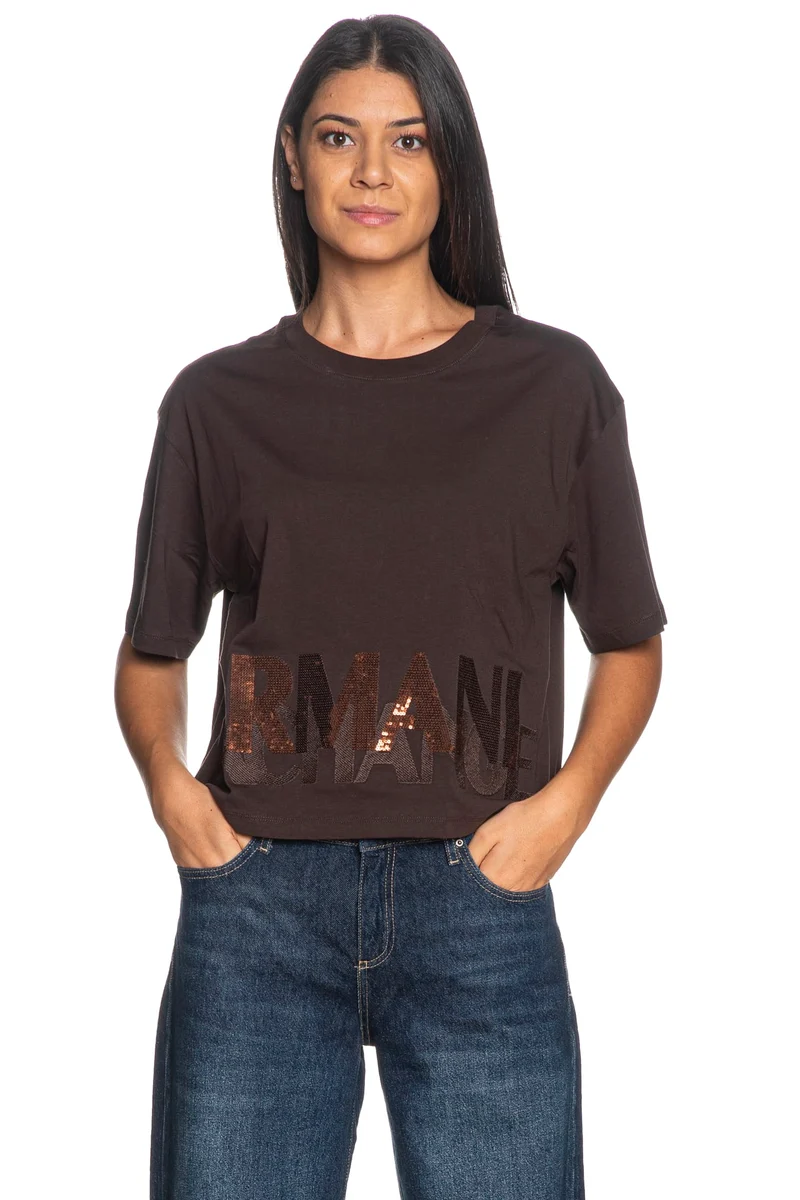 T Shirt Armani Exchange Cropped Ss Tee da Donna Marrone