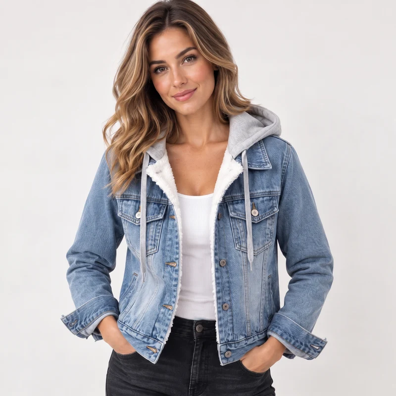 Women's Sherpa-Lined Denim Hoodie Jacket