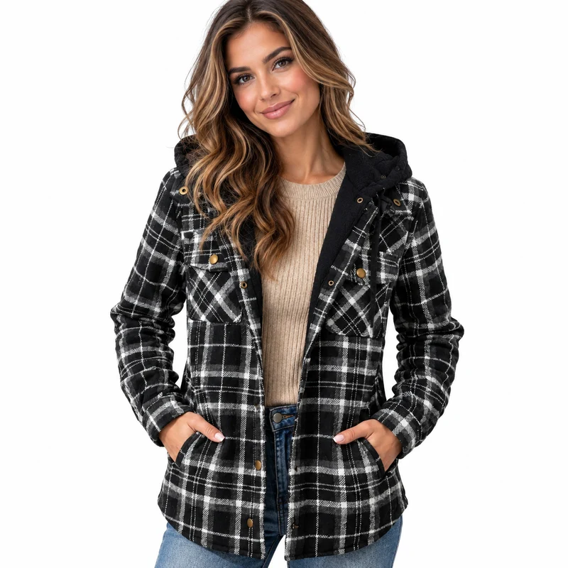 Women's Plaid Hooded Flannel Jacket for Spring, Autumn & Winter