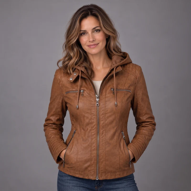 Women's Waterproof Leather Jacket with Hood