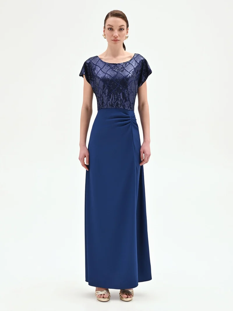Abito lungo blu brillante con corpino di paillettes