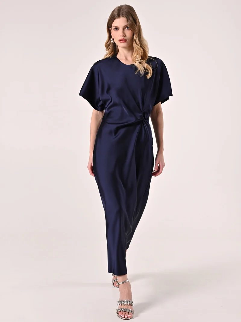Abito Midi in Raso Blu con Nodo