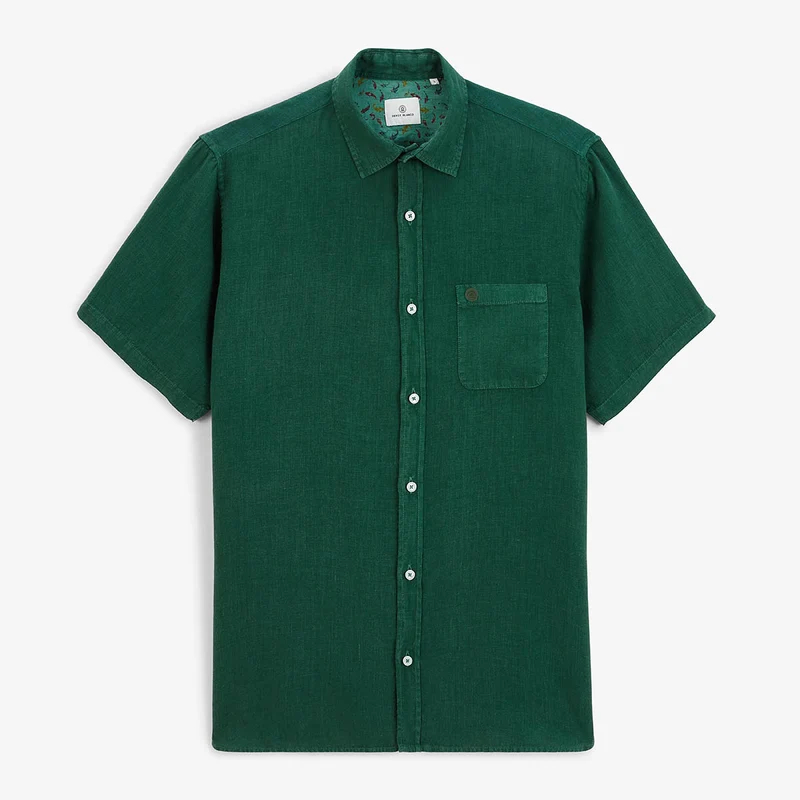 Chemise manches courtes unie en lin vert olive