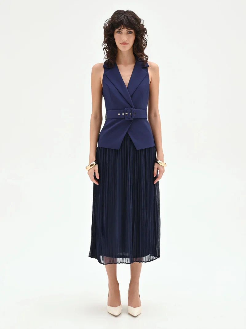 Abito midi blu navy con corpetto a gilet