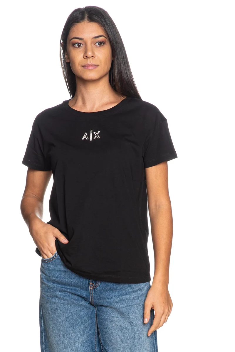 T Shirt Armani Exchange Crew Neck Ss Ax Strass Da Donna Nera