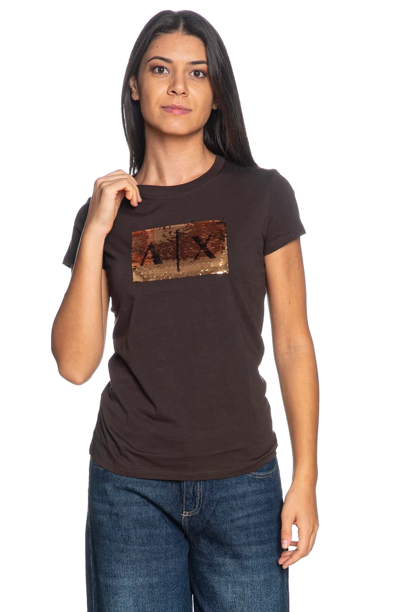 T Shirt Armani Exchange Ss Ax Sequins Da Donna Marrone Cioccolato