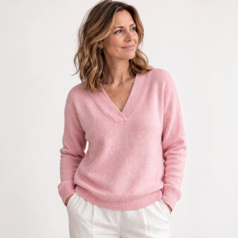 Women's Soft Pink V-Neck Sweater in Relaxed Fit