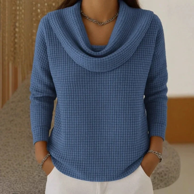 Women's Elegant Waffle Knit Sweater with Stylish Waterfall Neck