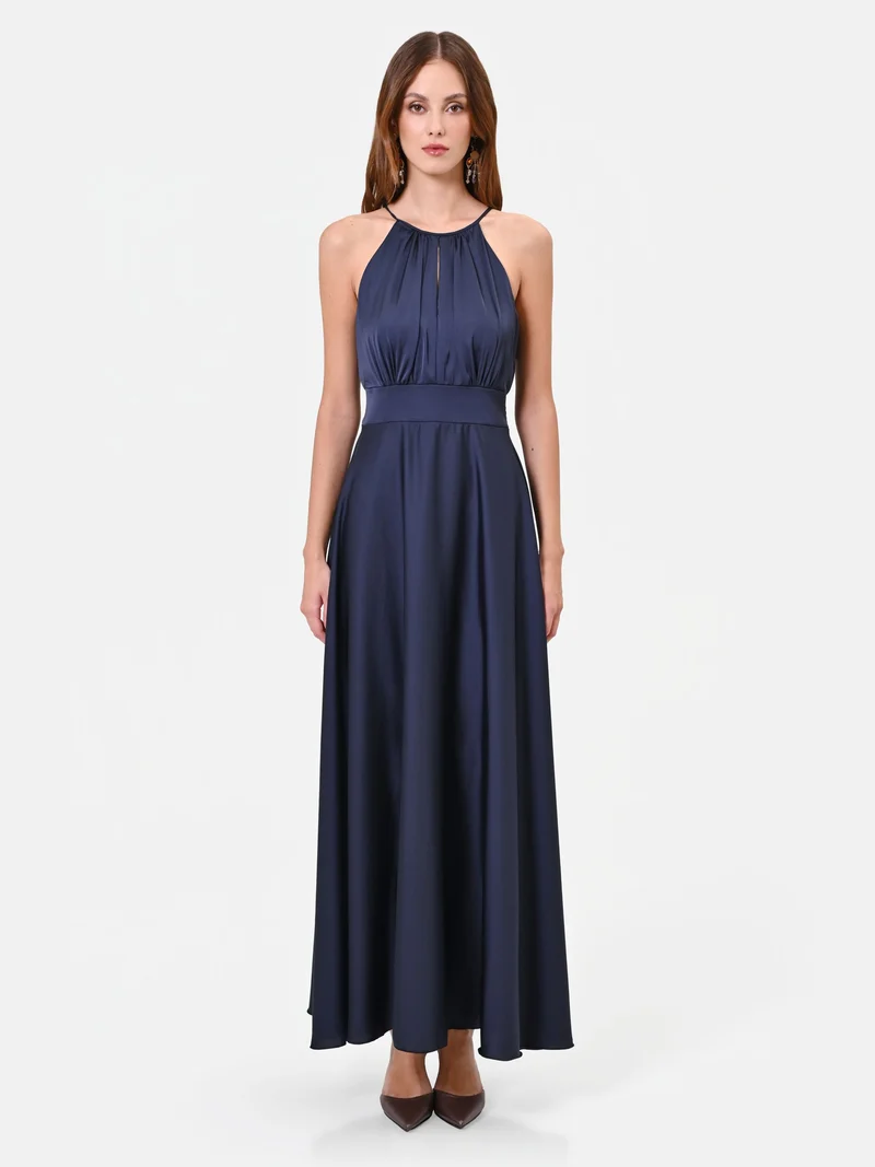 Abito lungo blu navy con scollo all'americana
