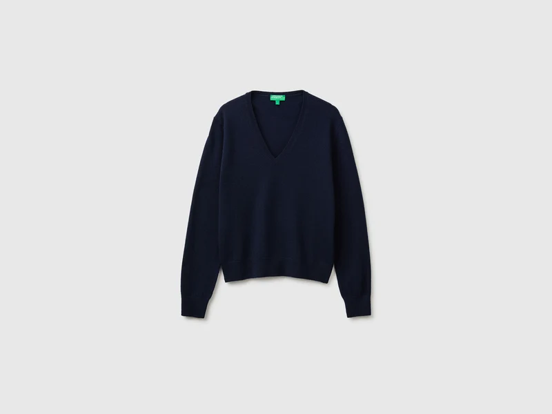 Maglia scollo a V blu in pura lana Merino