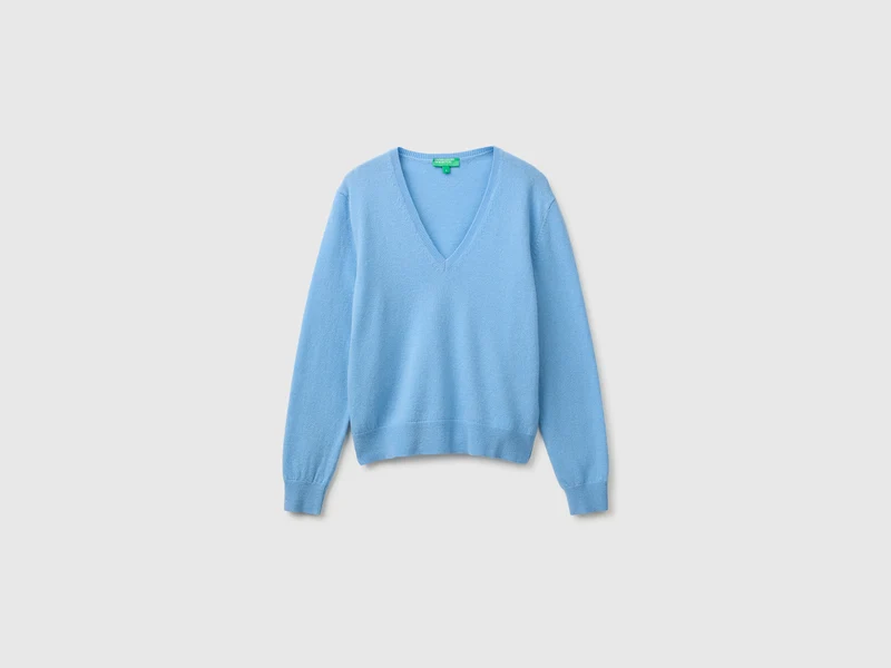 Maglia scollo a V azzurra in pura lana Merino