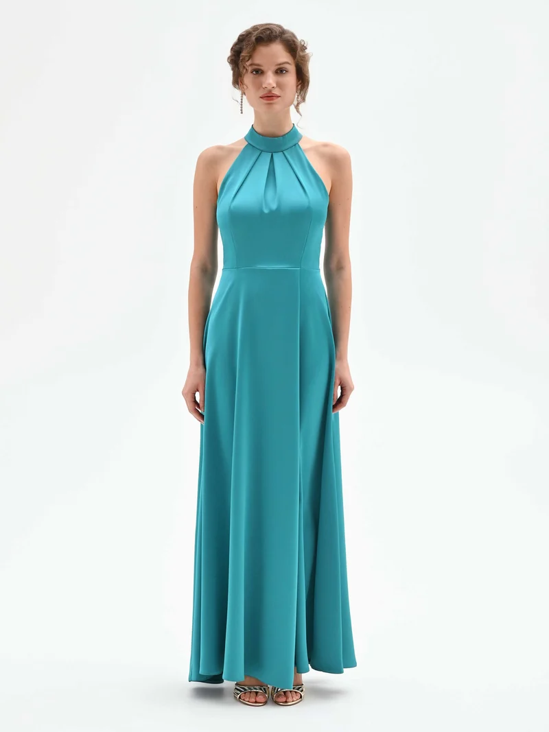 Abito lungo atelier verde smeraldo in raso con scollo all'americana