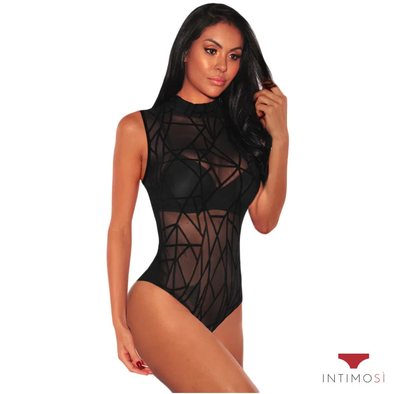 Body smanicato a lupetto con tessuto trasparente a fantasia geometrica