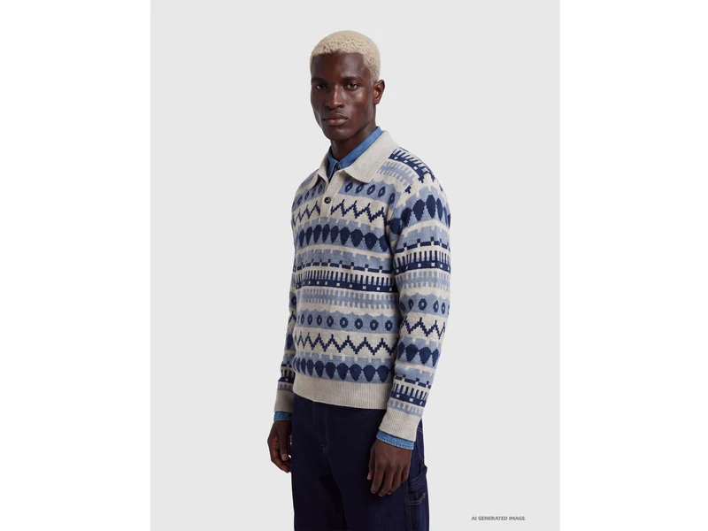 Maglia a polo jacquard in misto lana