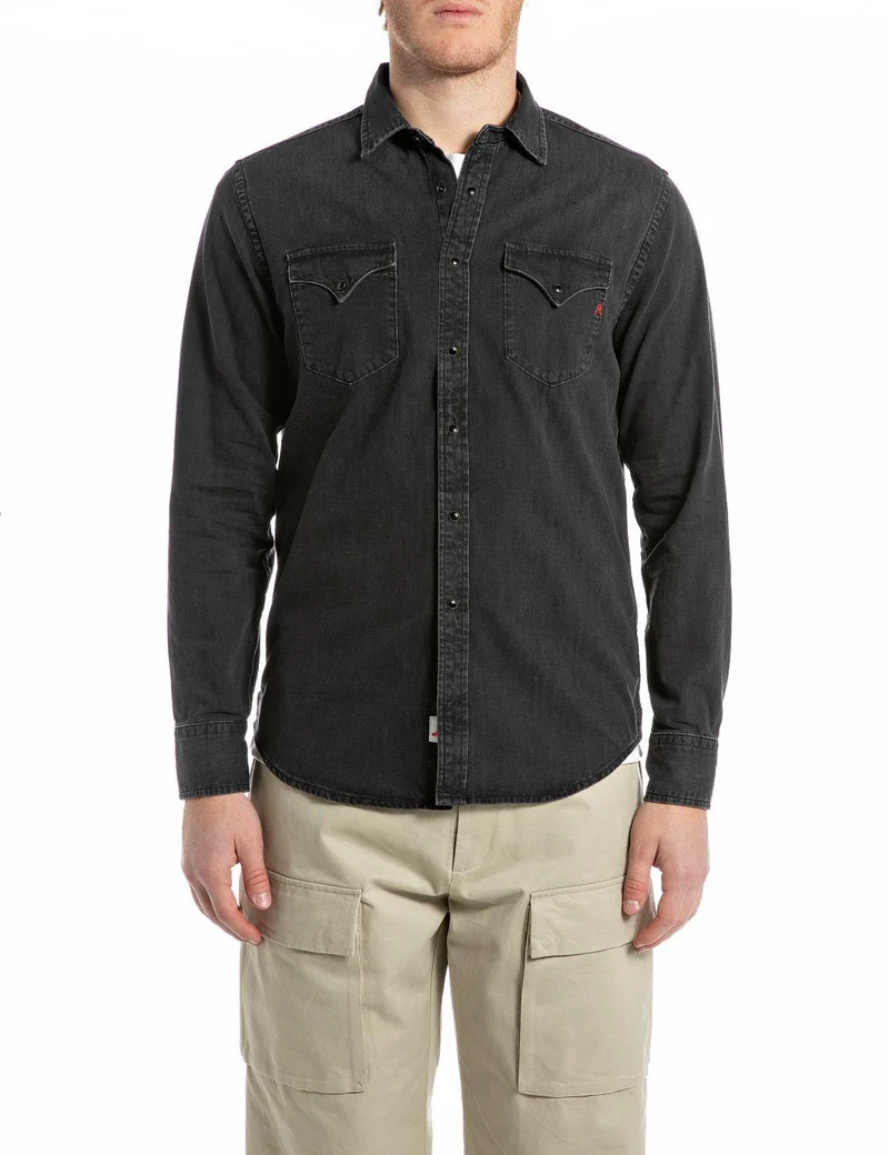 camicia jeans bottoni clip a vista
