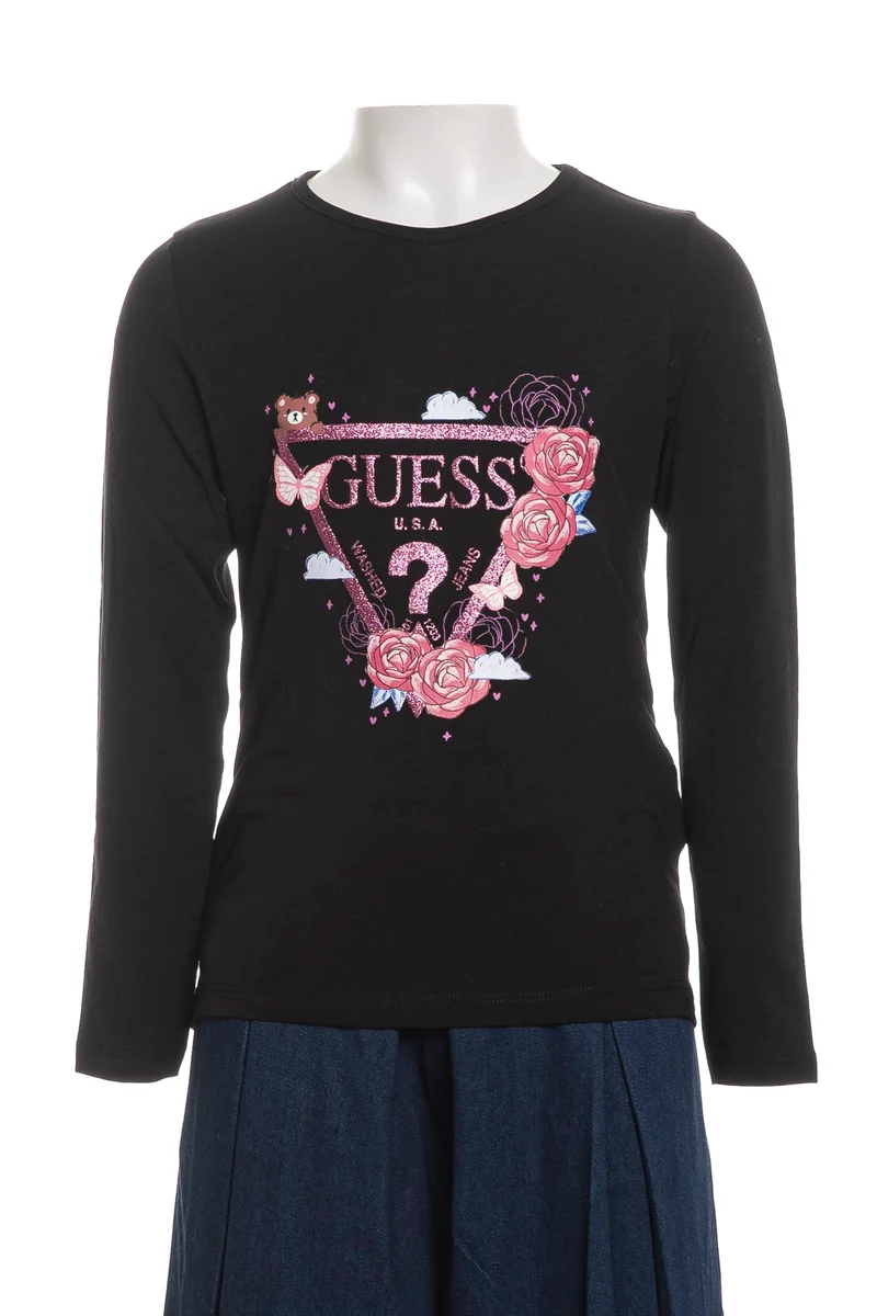 T Shirt Guess Roses Butterfly Glitter Logo Ls Da Bambina Nera