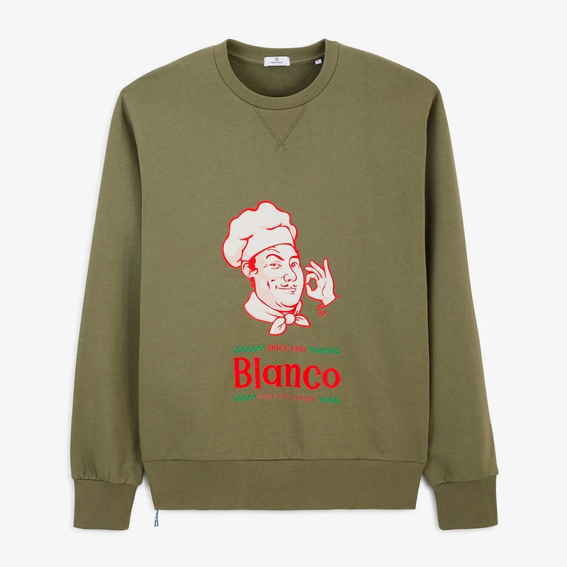Sweat col rond imprimé marron taupe Blanco Family Restaurant SBPLAY