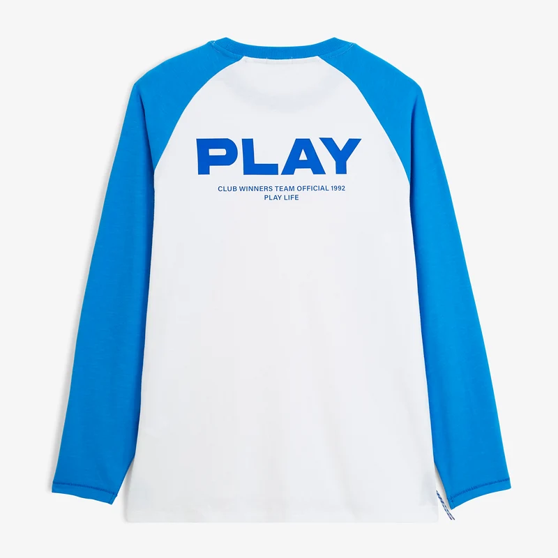 T-shirt manches longues imprimé coton blanc cassé et bleu roi SBPLAY