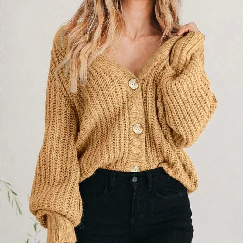 Women's Oversized Chunky Cardigan with V-Neck and Balloon Sleeves