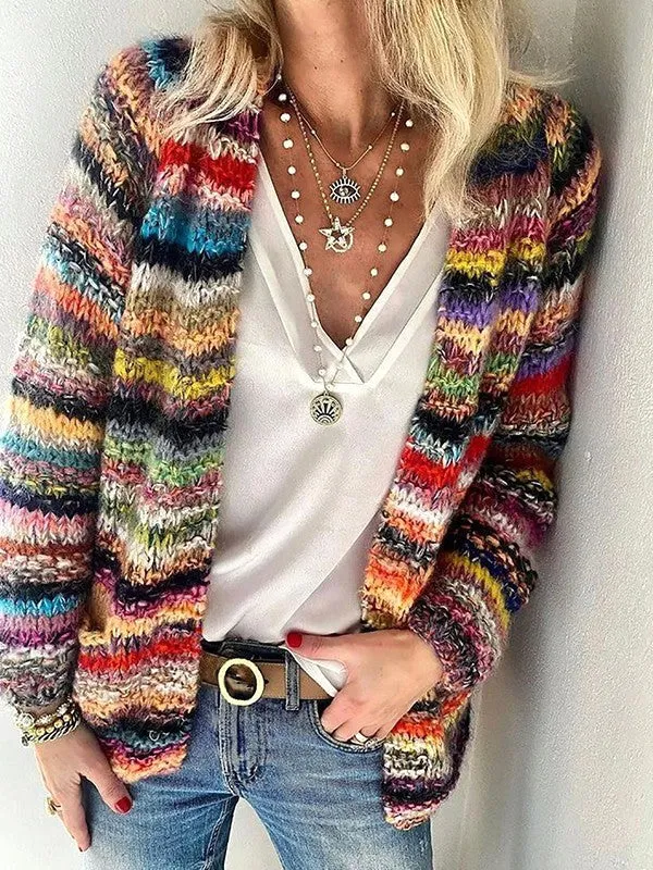 Women's Open Front Striped Knit Long Sleeve Cardigan