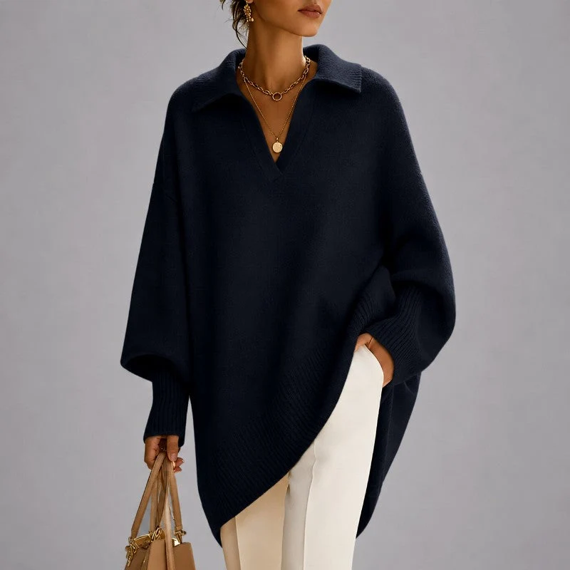 Women's Collared V-Neck Poncho Sweater