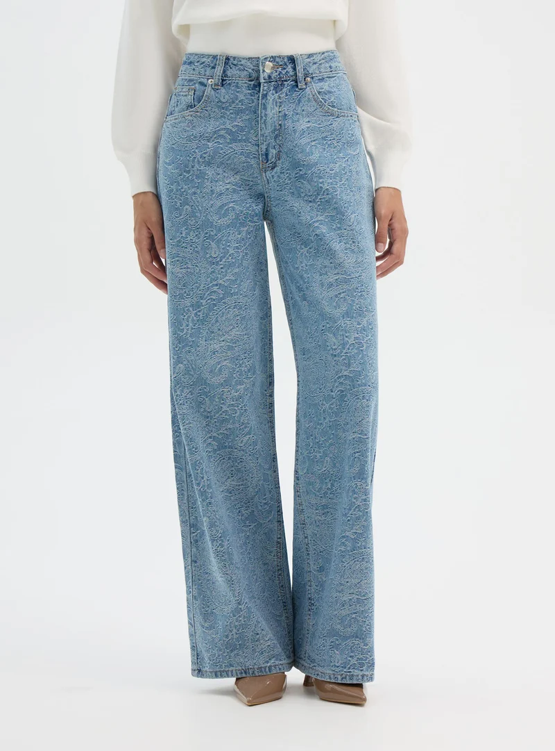 Jeans wide leg con stampa cachemire