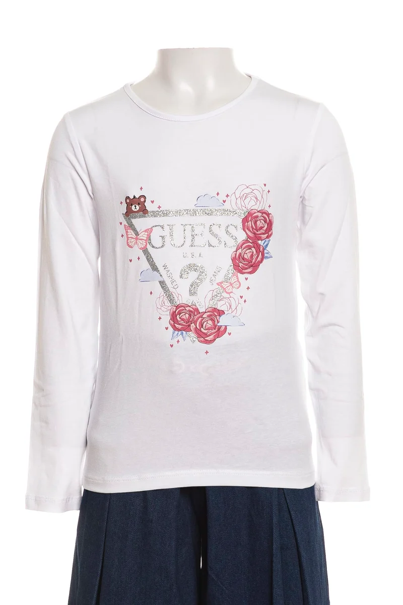 T Shirt Guess Roses Butterfly Glitter Logo Ls Da Bambina Bianca