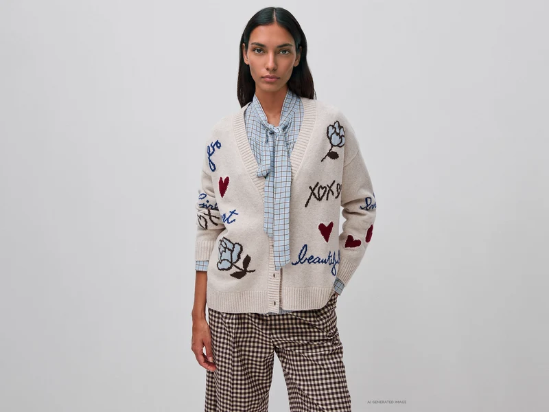 Cardigan 100% lana con intarsio floreale