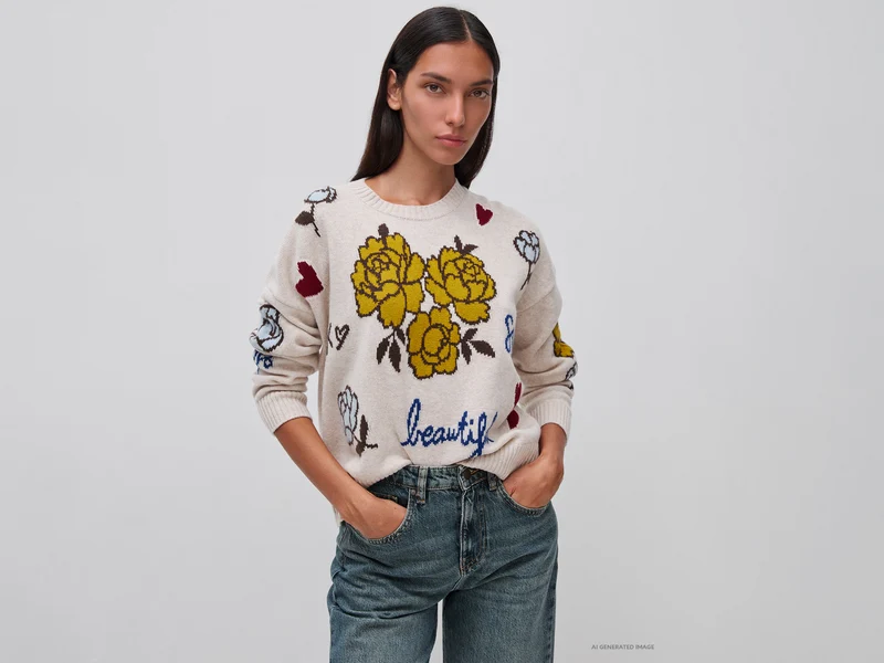 Maglia 100% lana con intarsio floreale