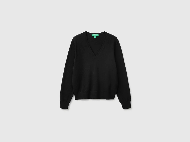 Maglia scollo a V nera in pura lana Merino