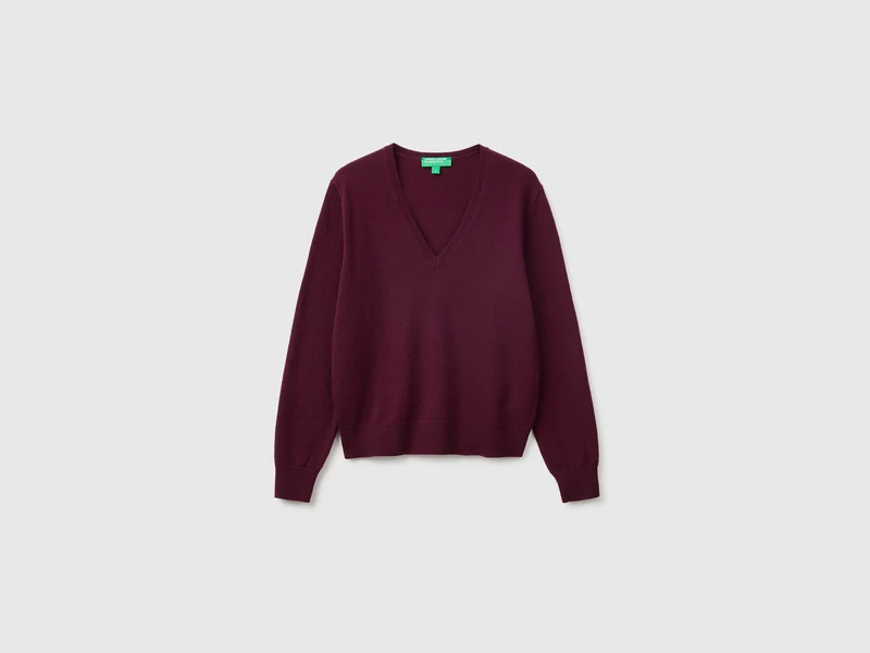 Maglia scollo a V prugna in pura lana Merino