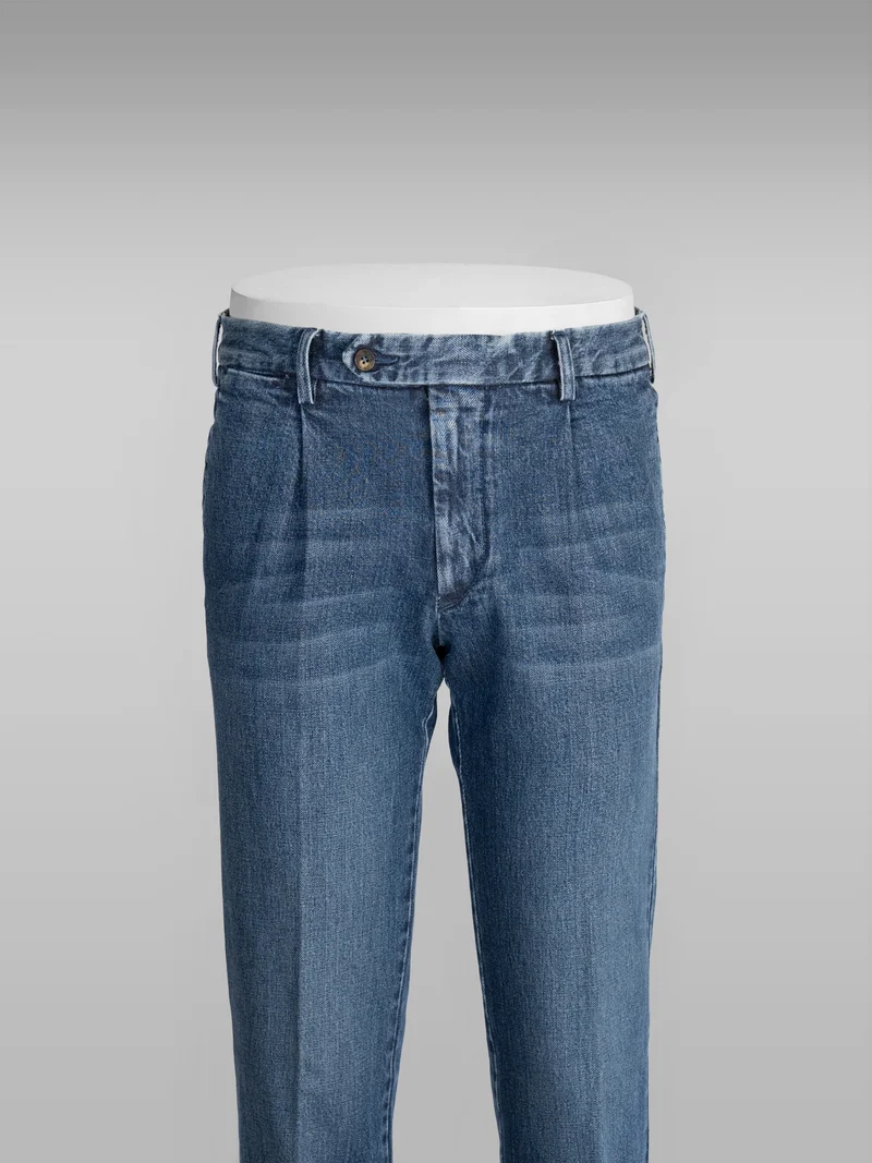 Blue denim sport trousers 1 pleat high rise
