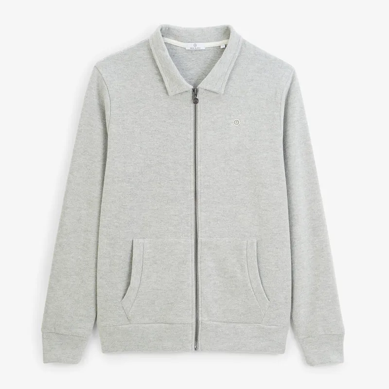 Sweat zippé col chemise gris chiné