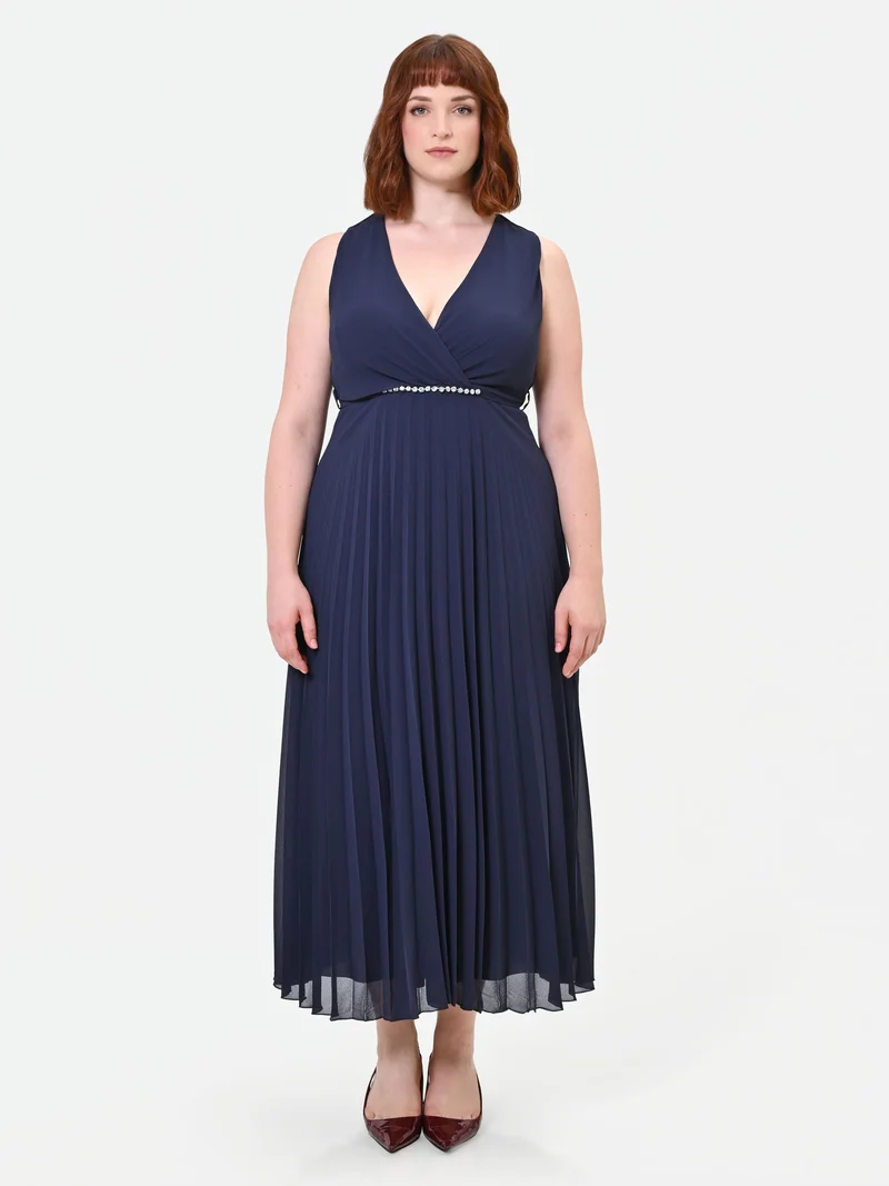 Abito Curvy plissé blu navy con scollo incrociato