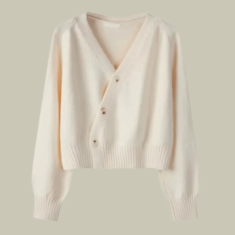 Women's V-Neck Wool Blend Sweater with Cross Button Design