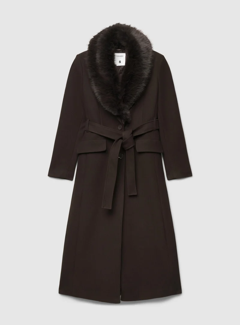 Cappotto lungo con cintura e collo in pelo sintetico