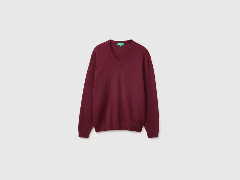 Maglia scollo a V bordeaux in pura lana Merino