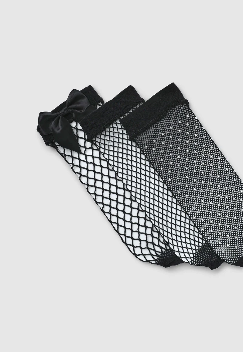 Pack 3 paia calzini a rete con fiocco e strass