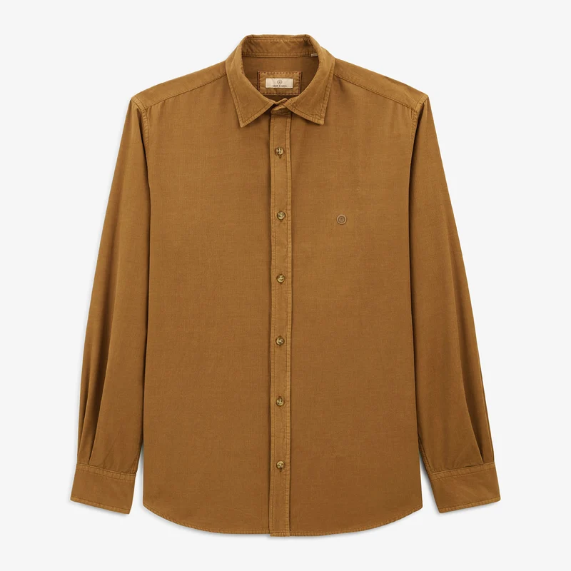 Chemise manches longues en coton unie velours marron noisette Charles