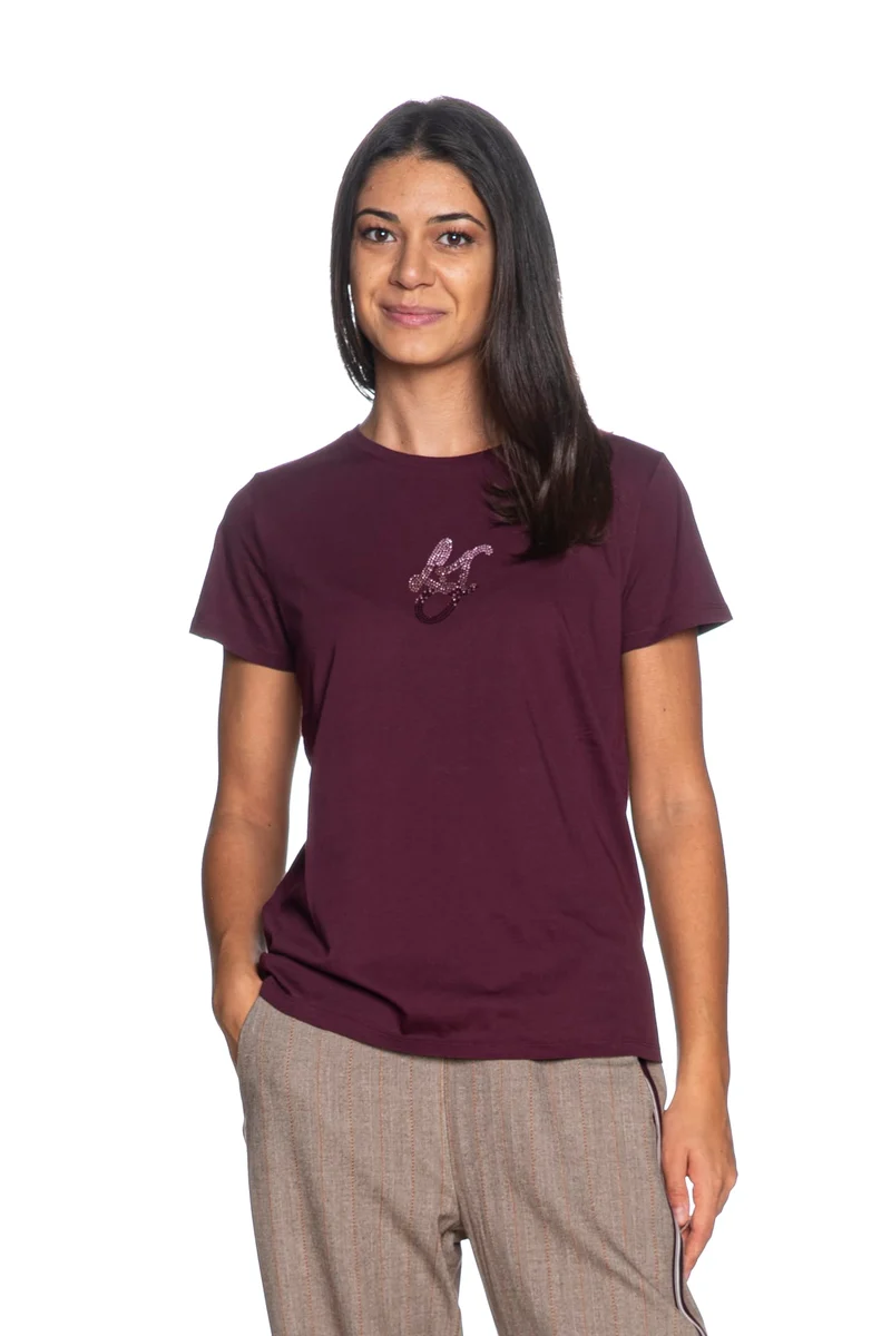 T Shirt Liu Jo Sport Ecs Basica Lg Sign Strass Da Donna Vinaccia
