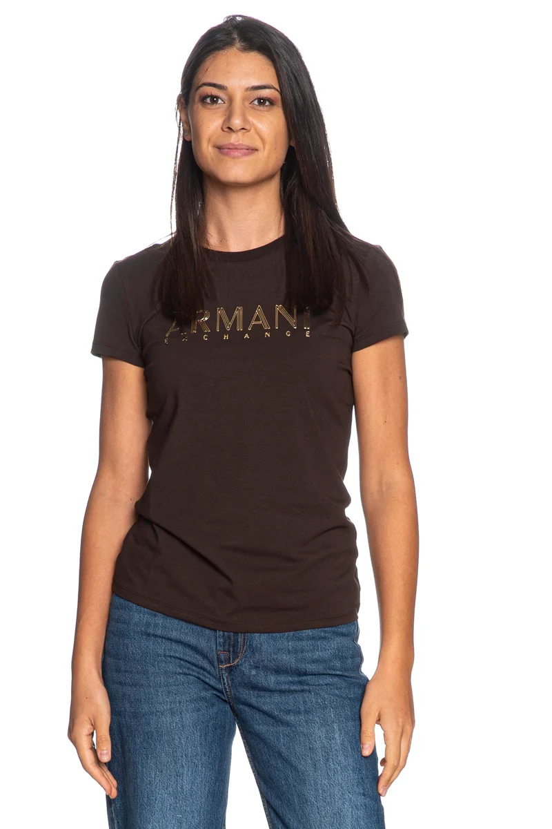T Shirt Armani Exchange Ss Rubberized Logo Da Donna Marrone Caffè
