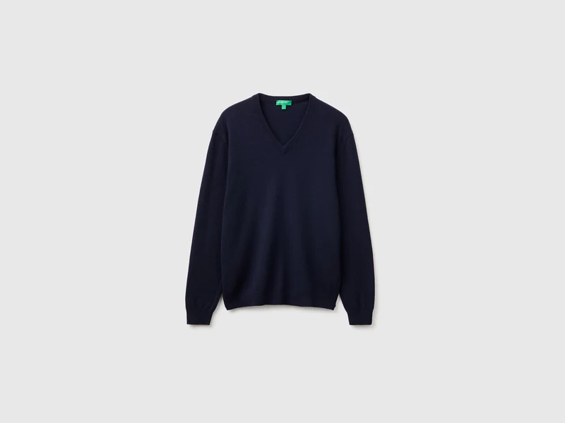 Maglia scollo a V blu notte in pura lana Merino