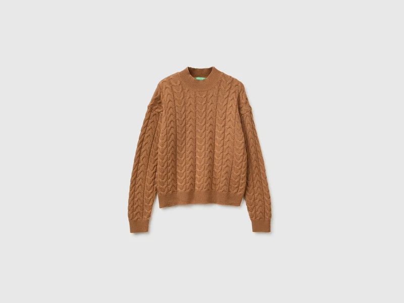 Maglione lupetto con trecce in misto lana e cashmere