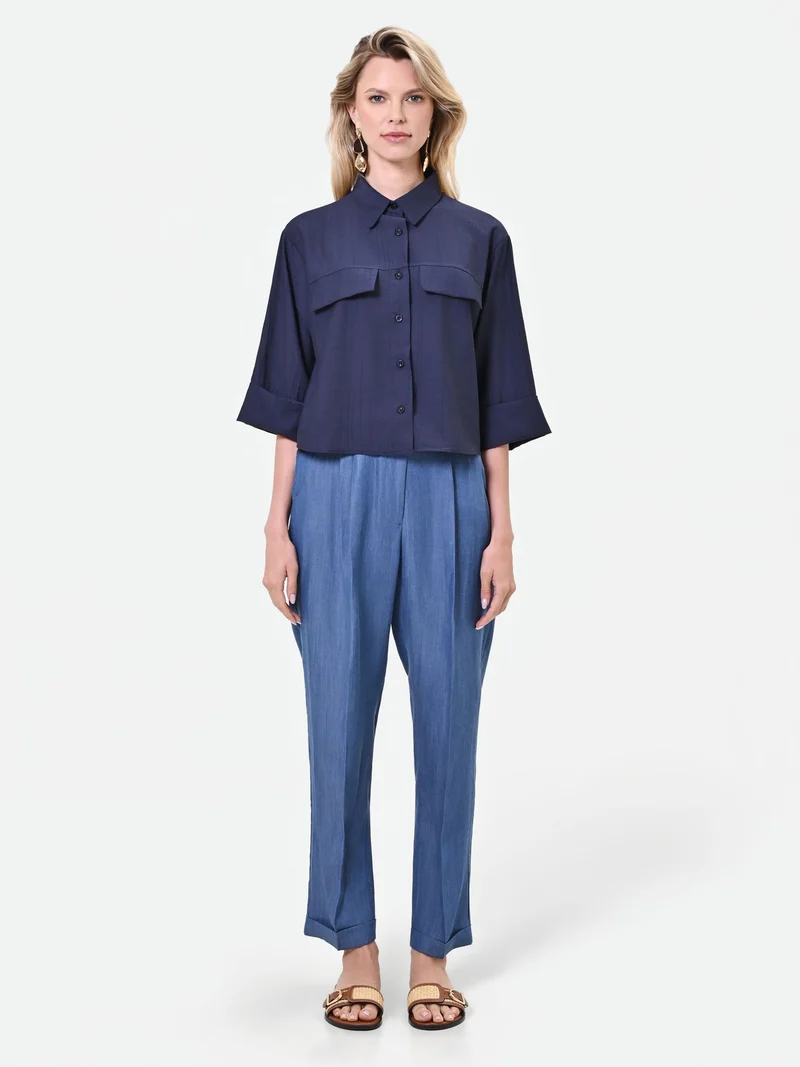 Camicia blu taglio boxy in viscosa