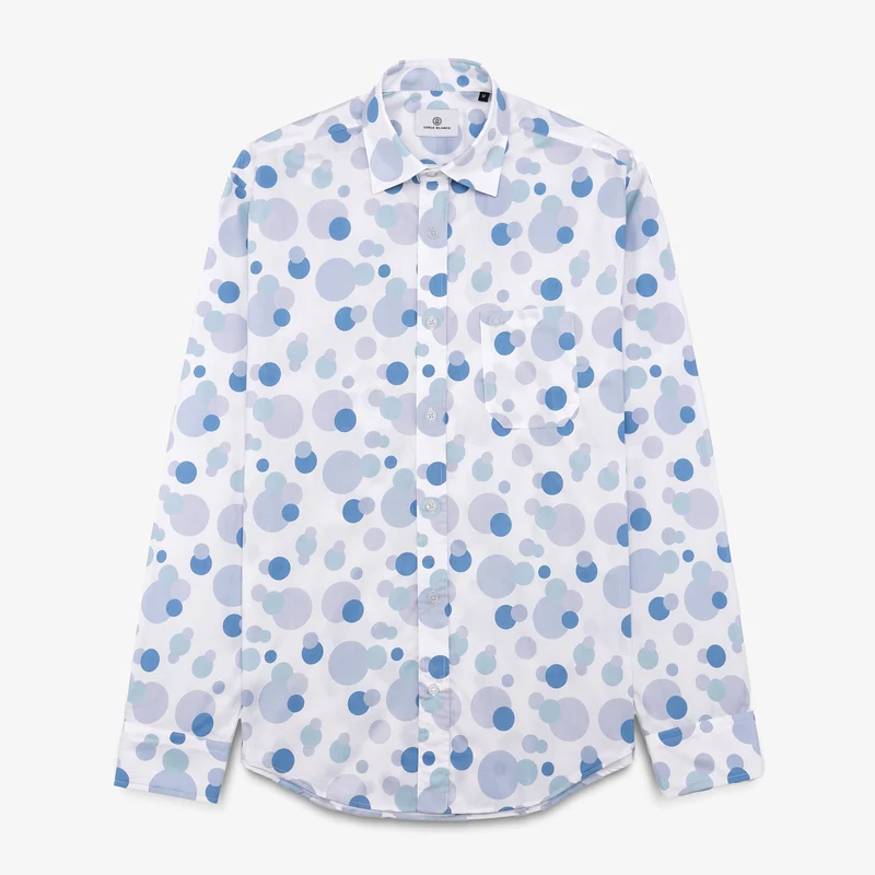 Chemise manches longues en coton blanche avec imprimés boules bleues