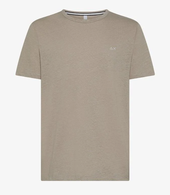 art. t35132: t-shirt jersey in lino con logo ricamato sul petto, girocollo, manica corta