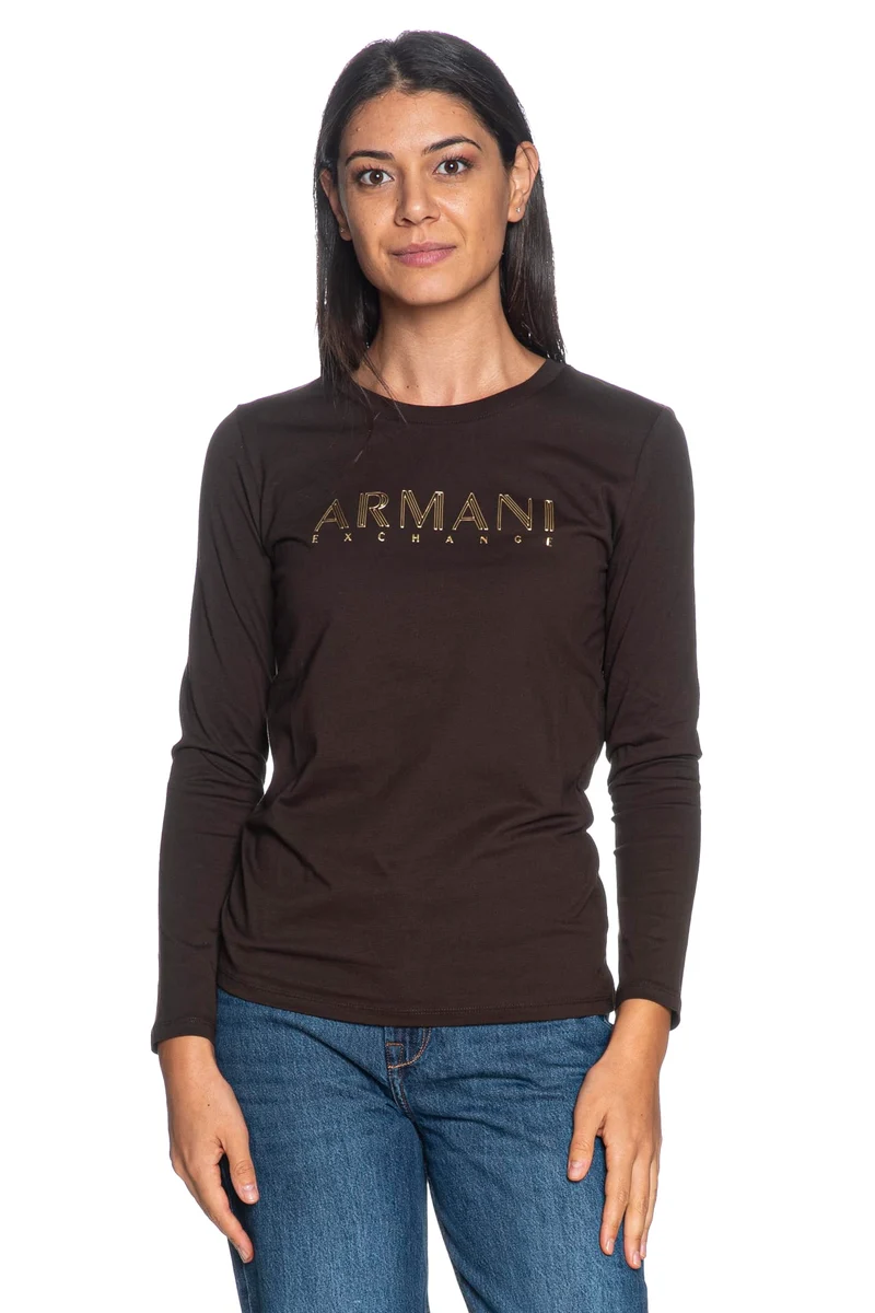T Shirt Armani Exchange Ls Rubberized Logo Da Donna Marrone Caffè