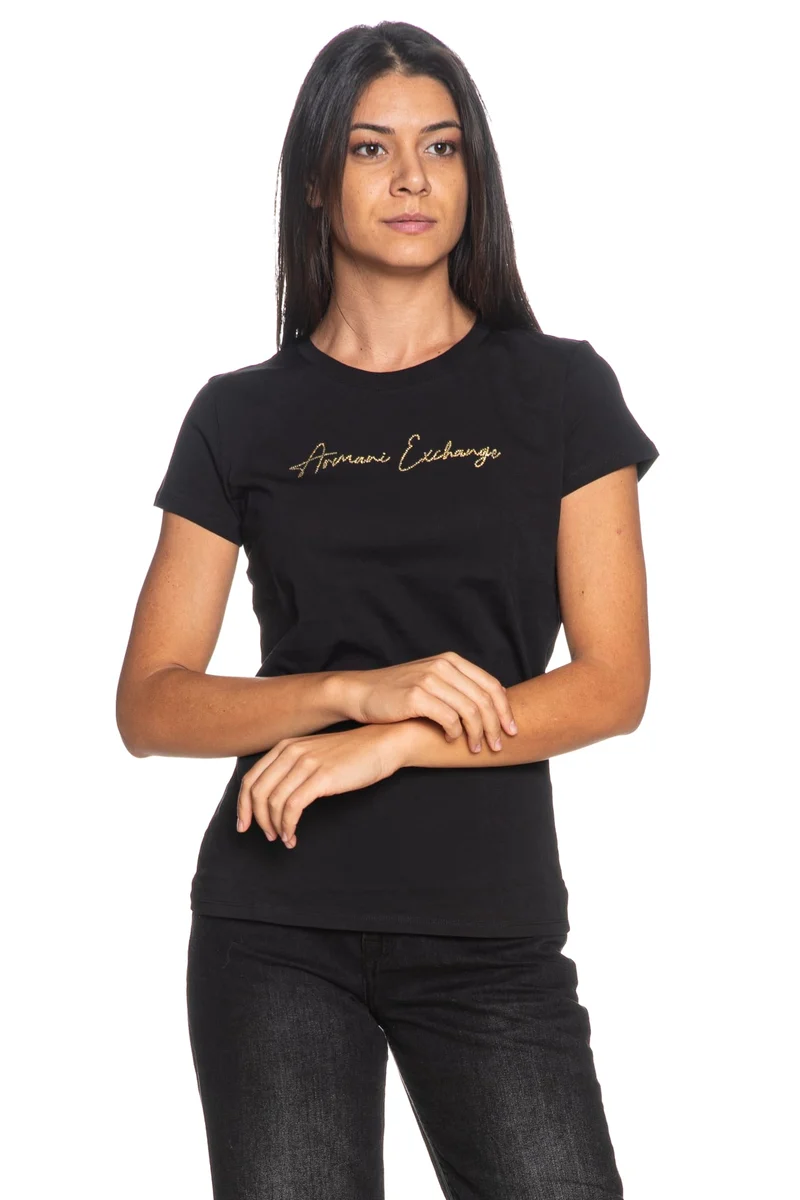 T Shirt Armani Exchange Ss Signed Gold Strass Logo Da Donna Nera